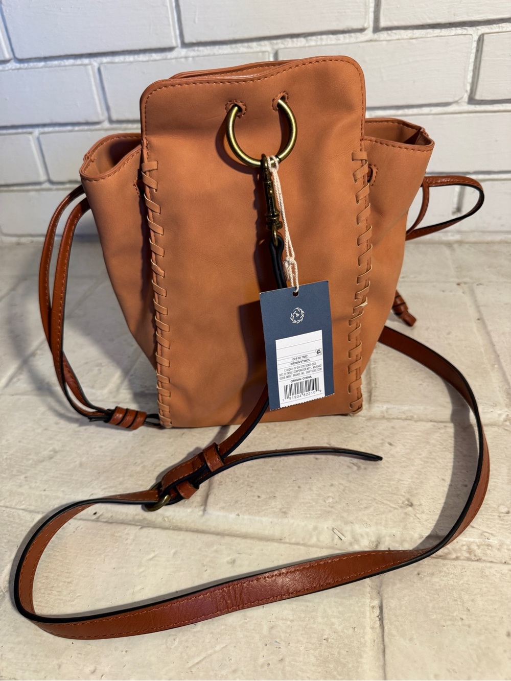 NWT Universal Thread Cognac Faux Leather Whipstitch Drawstring Bucket Bag/cross